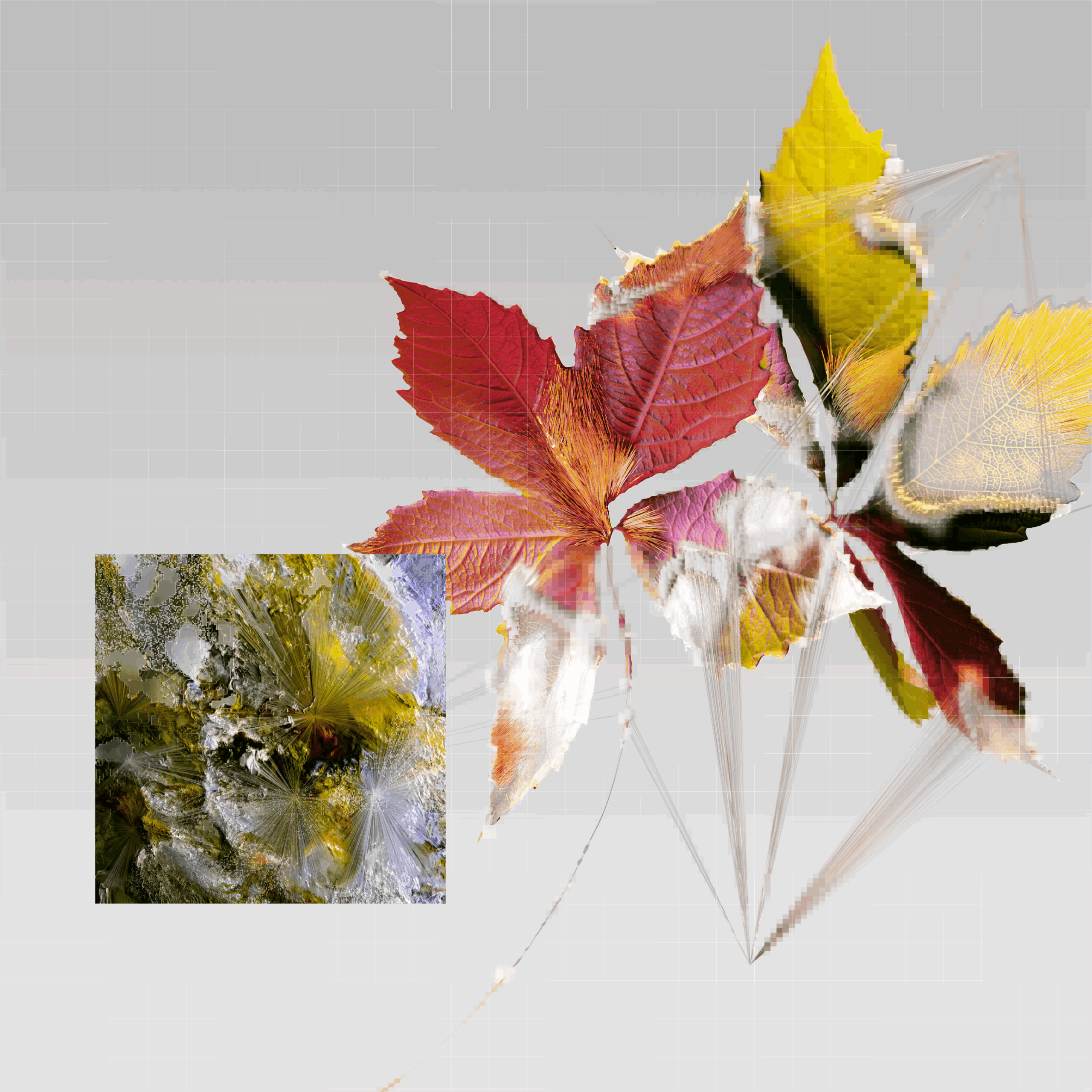Abstract depiction of fall leaves with a digital transformation on a grid background.